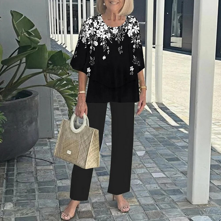 Women's Round Neck Mid-Sleeve Top With Floral Print Pants Set Two-Piece