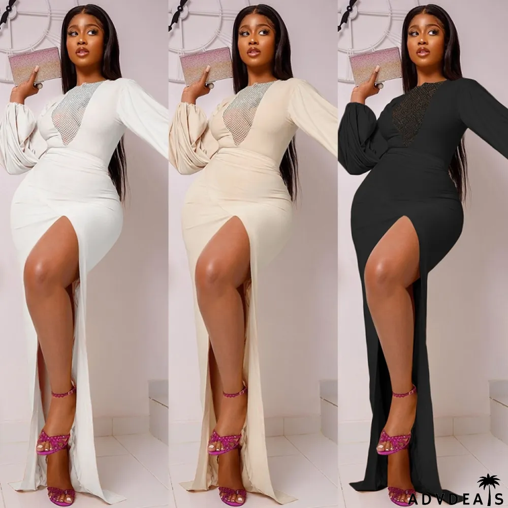 Winter Black Patch Long Sleeves Slit Long Evening Gown