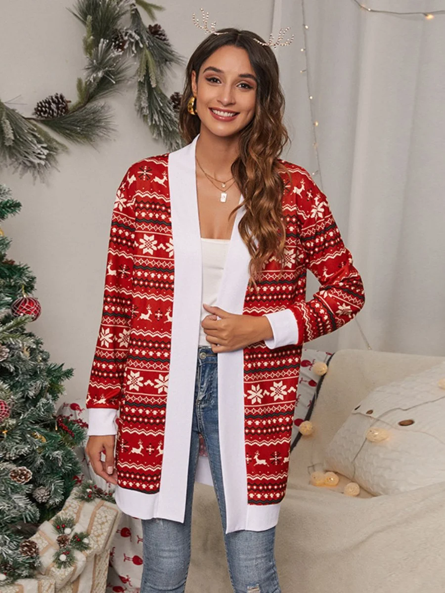 Sweaters For Christmas Printed Long Sleeve Open Front Knitted Sweaters Cardigans