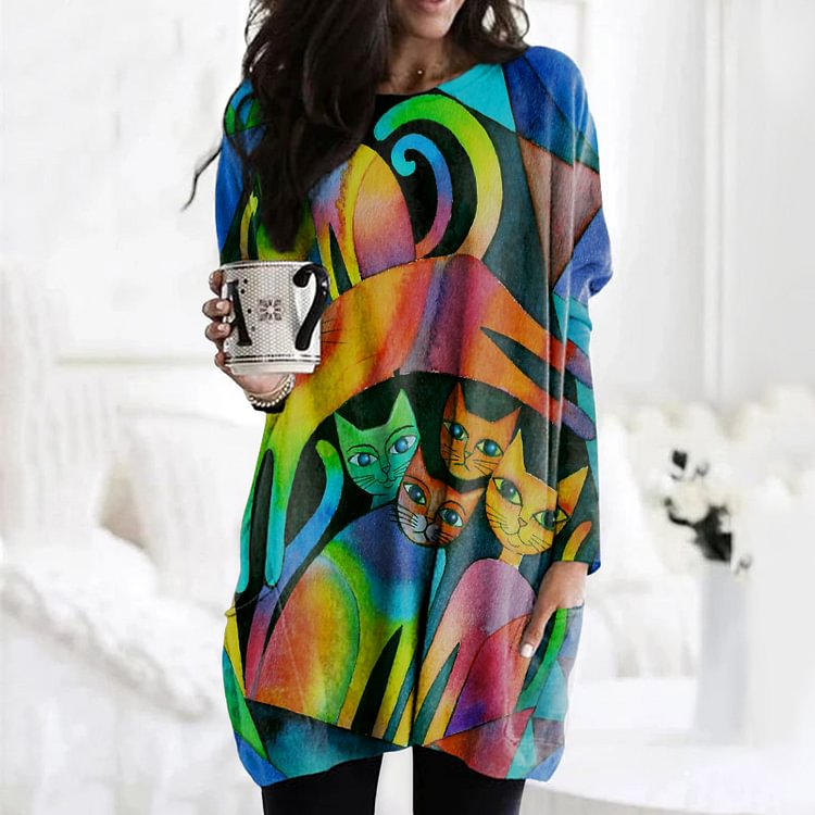 Vefave Abstract Cat Print Crew Neck Casual Tunic