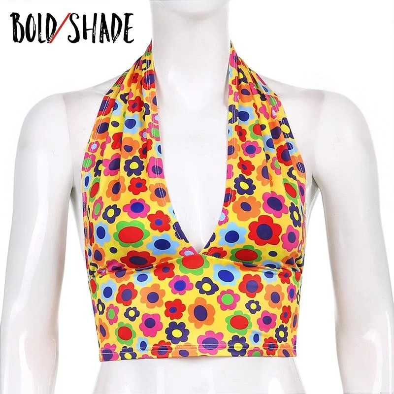 Bold Shade 2000s Aesthetic Floral Print Tops Sleeveless Indie V-Neck Sexy Criss Cross Halter Tops E-girl Style Summer Vest 2021