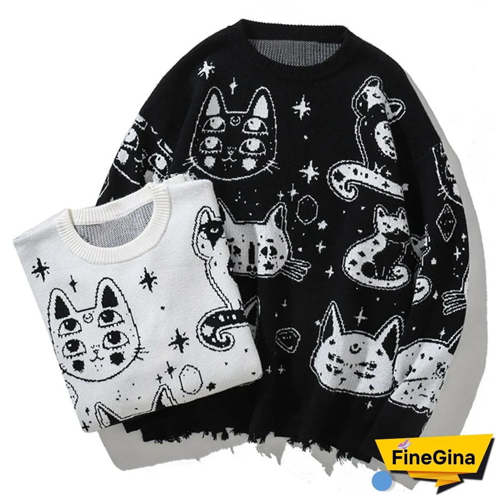 Cartoon Cat Print Loose Sweater