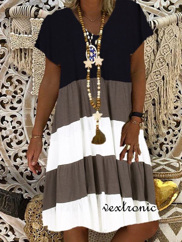 Women Short Sleeve V-neck Striped Colorblock Midi Dress