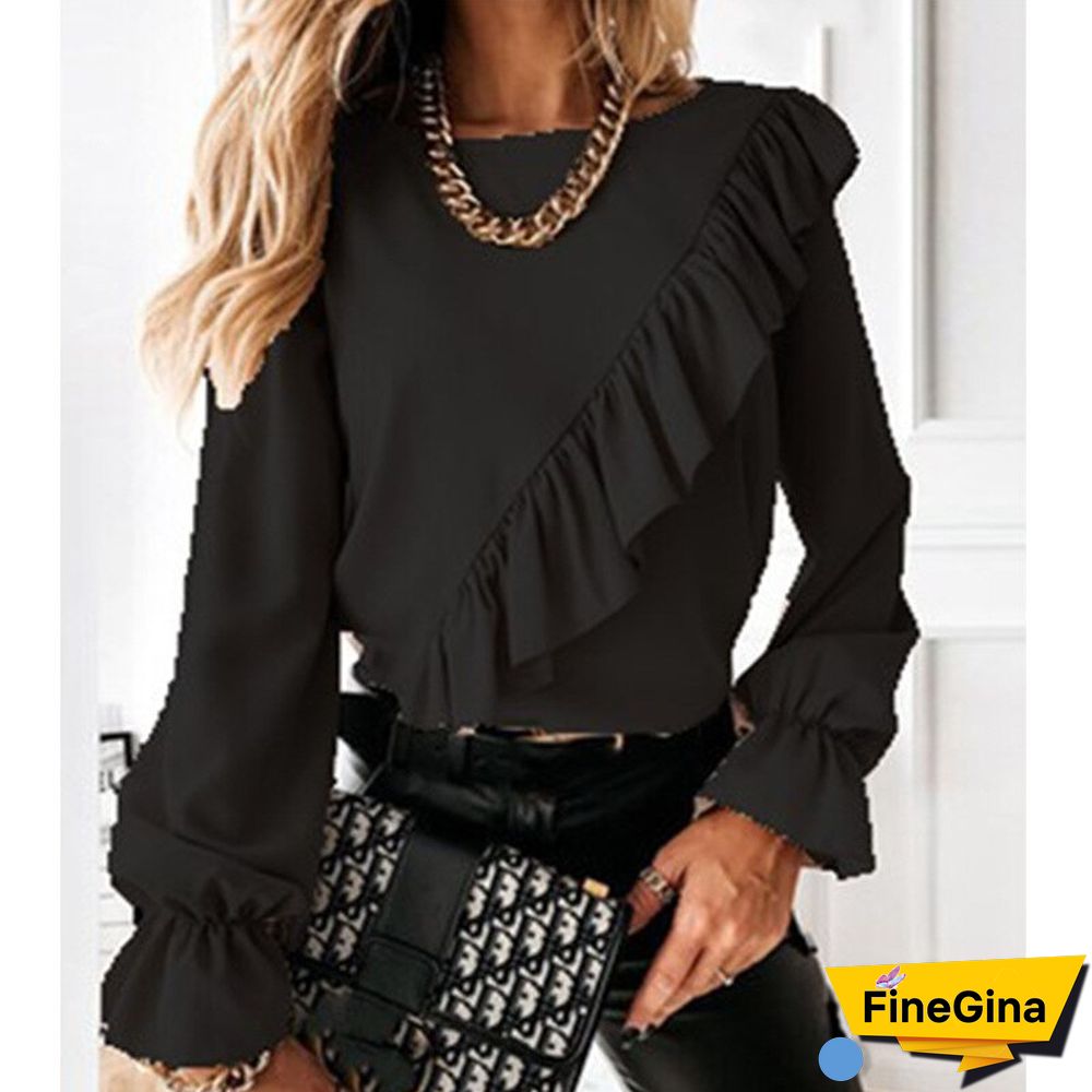 Fashion Women Blouses And Shirts O Neck Chiffon Ruffle Long Sleeve Top Female Elegant Vintage Oversized Shirt Women'S Tunic