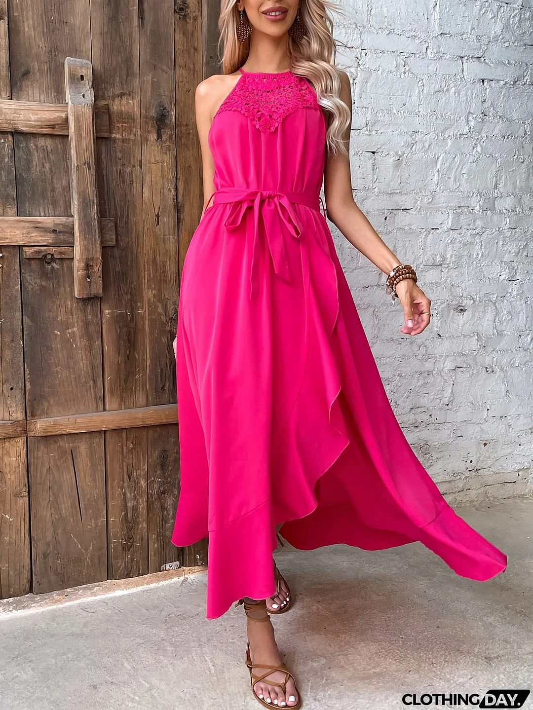 Grecian Neck Tie Belt Dress