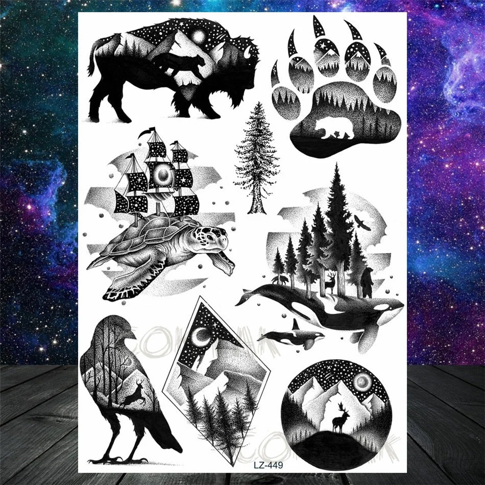 Realistic Fake Black Animal Temporary Tattoos Sticker For Men Women Geometric Wolf Outer Space Tatoo Temporary Decal For Kids