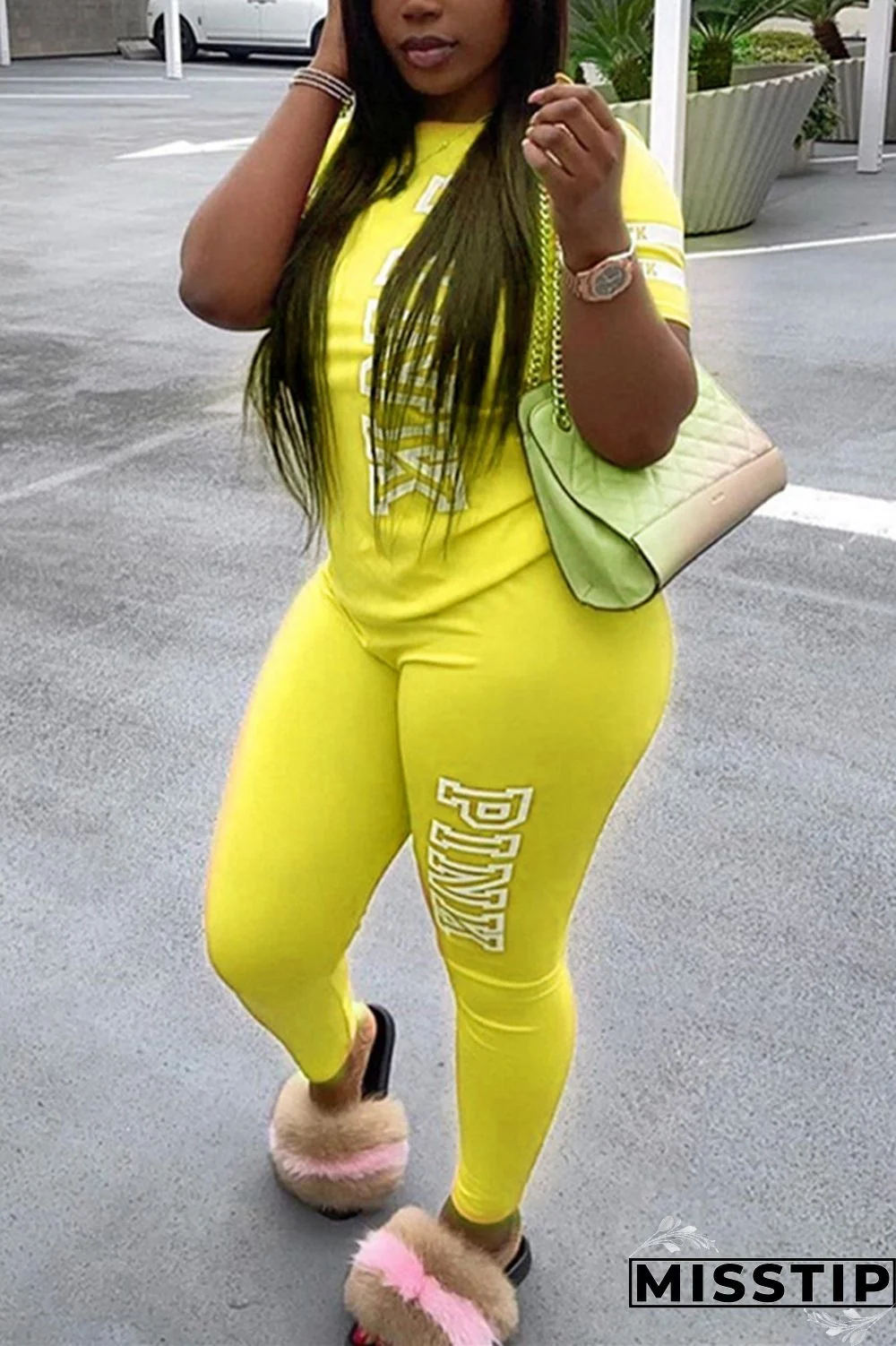 Yellow Fashion Casual Letter Printed Two-piece Set