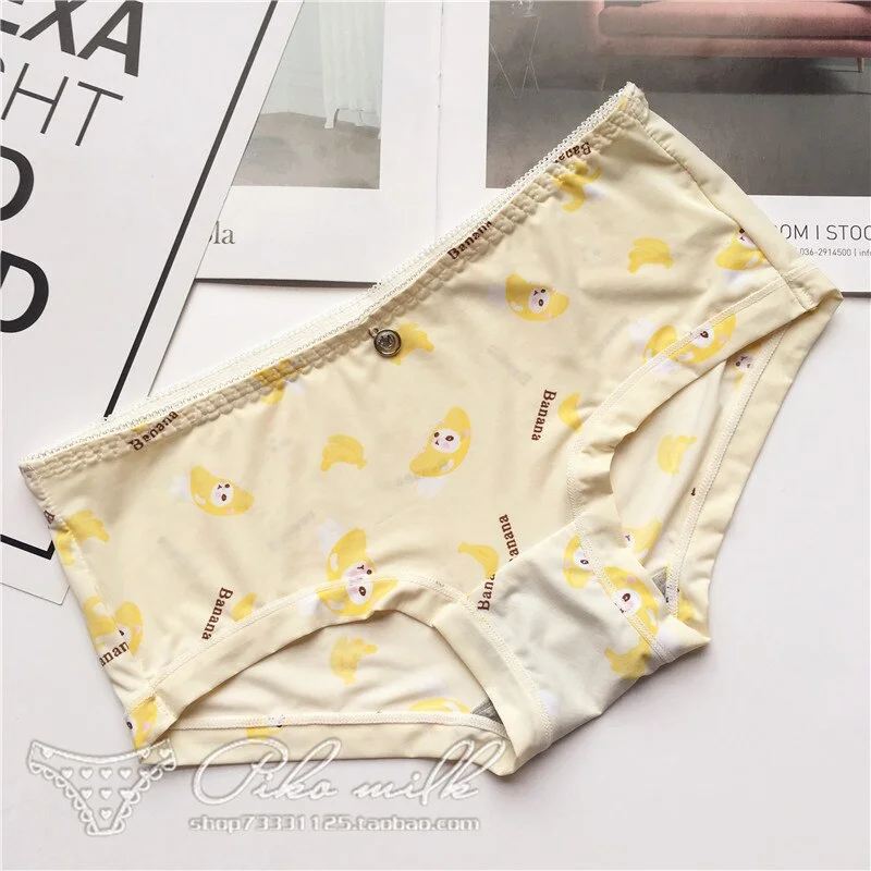 Billionm Colors Ice Silk Printing Cute Students Low Waist Cartoon Plaid Women's New Underwear Lolita Fruit Animal Fashion Panties Bow