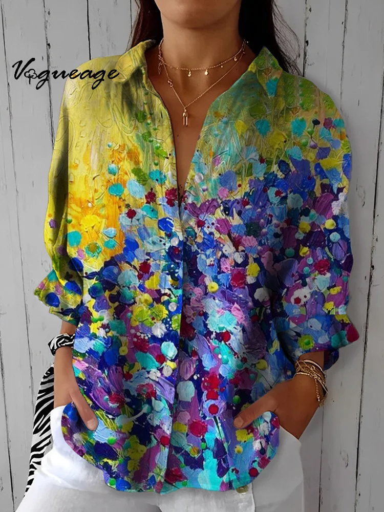 Bright Artistic Oil Painting Spots Printed Cotton And Linen Shirt