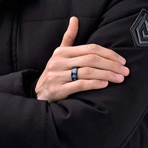 8MM Women's Or Men's Tungsten Carbide Wedding Matching Rings Diamond Faceted Black and Multiple Color Rainbow Opal Inlay with Organic Tones