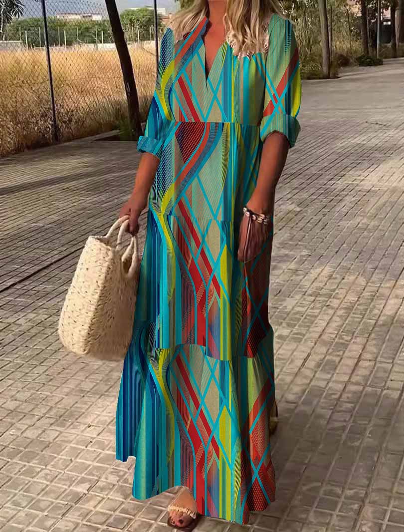 Women Texture, Green, Red DZDN0696 SPU Printed Long Sleeve V-neck Maxi Dress