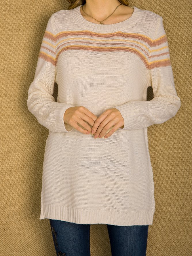 White Plain Casual Color-Block Long Sleeve Sweater
