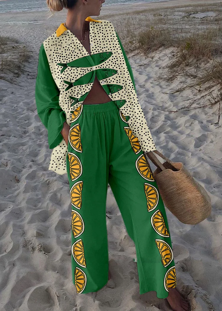 Lemon Fish Print Casual Two-Piece Set