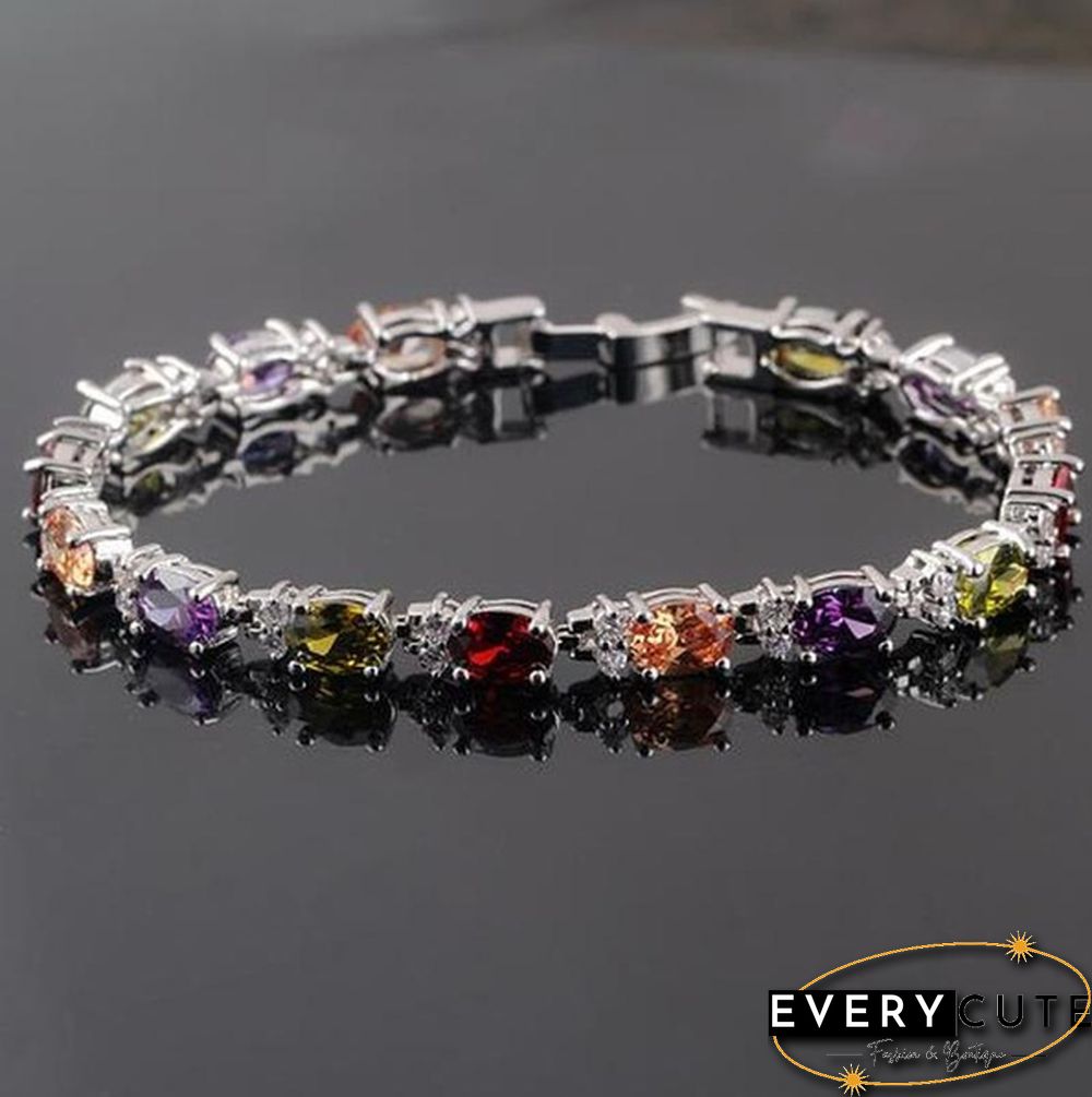 925 Sterling Silver Gorgeous Oval Ruby Amethyst Aquamarine sapphire and Round Sparkling Cubic Zirconia CZ Tennis Bracelet Jewelry Gift