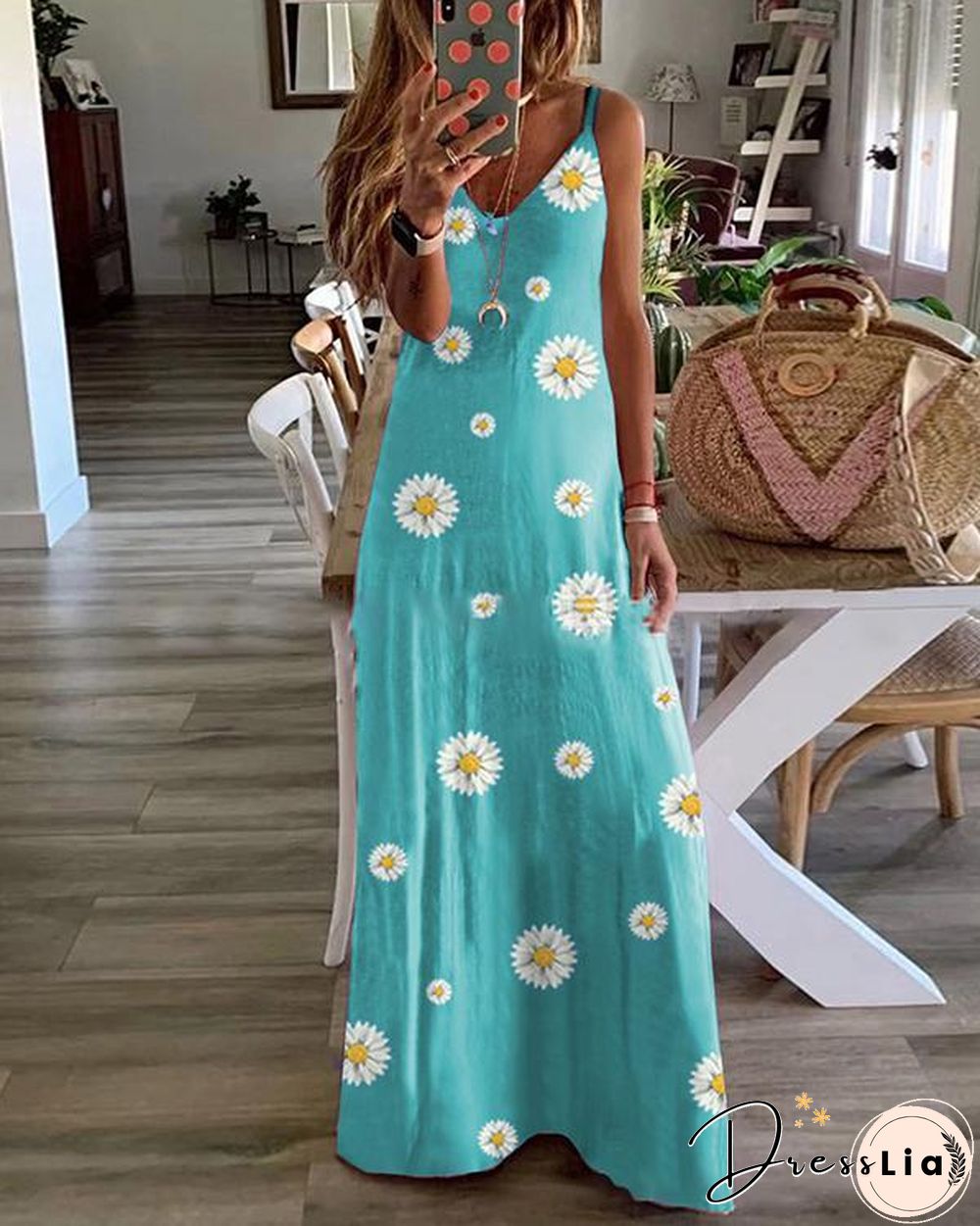 Sleeveless Floral Print V Neck Holiday Maxi Dress