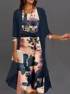 Women's Dress Set Two Piece Dress Midi Dress Blue 3/4 Length Sleeve Print Print Fall Winter Crew Neck Fashion Modern 2022 S M L XL 2XL 3XL