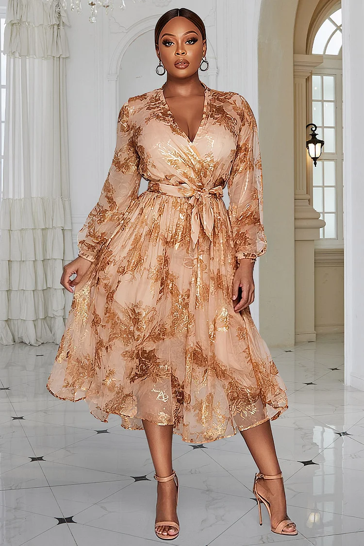 Xpluswear Design Plus Size Wedding Guest Champagne Wrap Neck Long Sleeve Wrap Elegant Tulle Midi Dresses [Pre-Order]