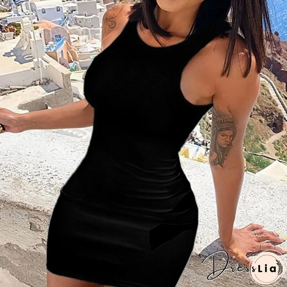 Women's Fashion Solid Color Mini Dress Slim Fit Sleeveless Bodycon Dress