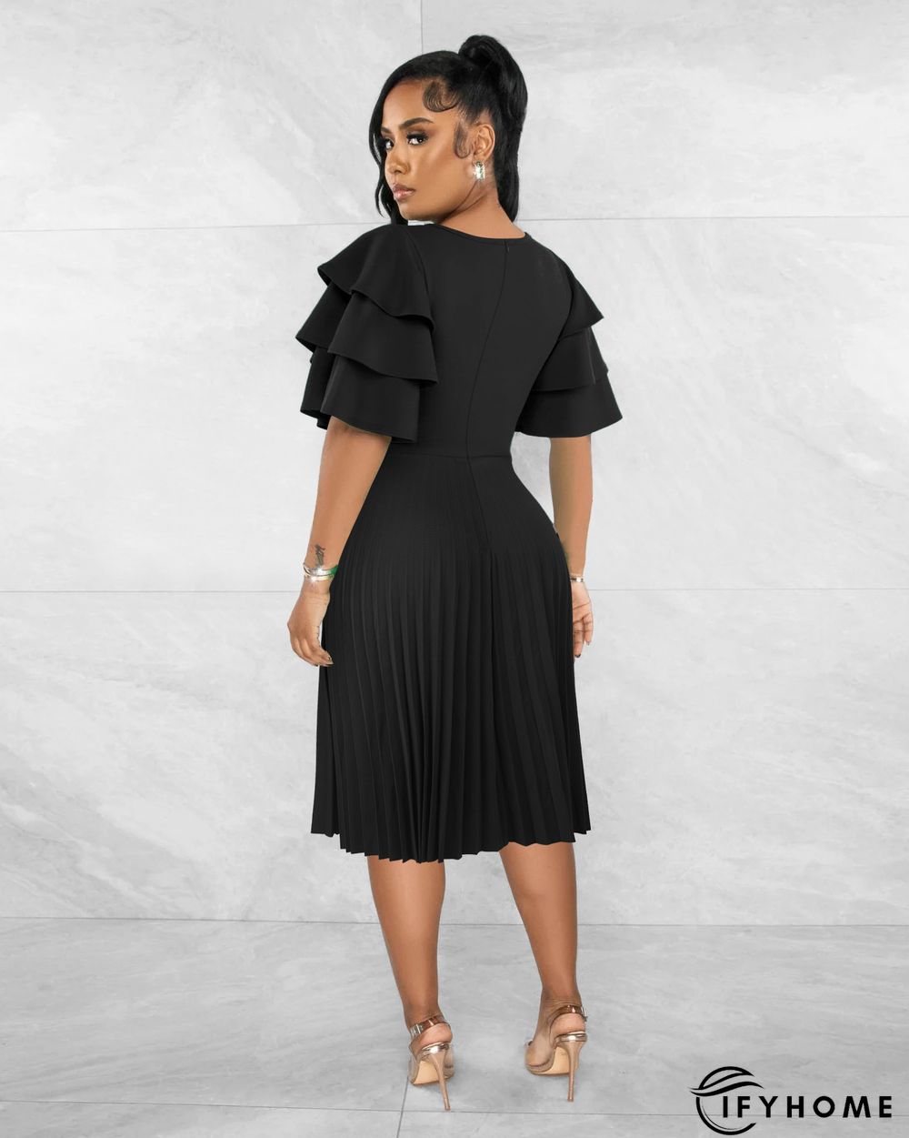 Round Neck Ruffle Short Sleeve Pressed Pleated Dress | IFYHOME