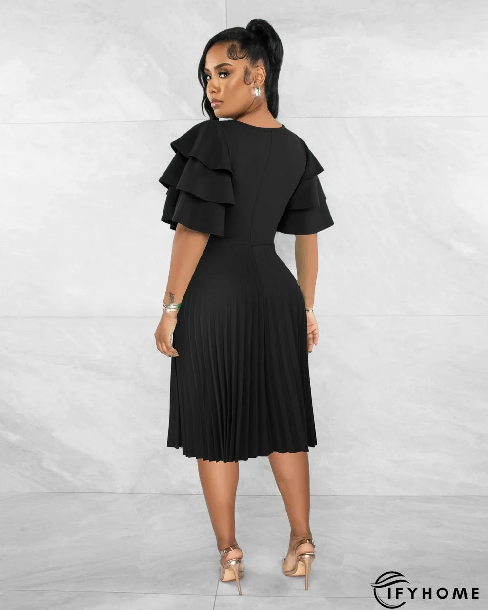 Round Neck Ruffle Short Sleeve Pressed Pleated Dress | IFYHOME