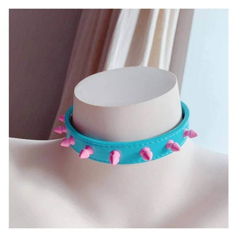 OJBK Sexy Punk Fashion Jewelry Necklace Studded Pink Silicone Rivet Rock Choker Handmade Collar Gift for Women Girls Steampunk