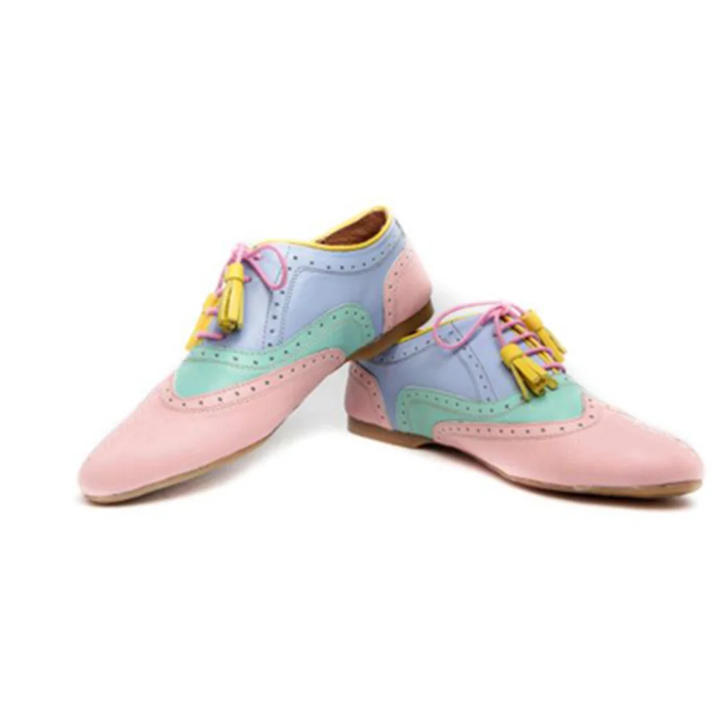 Multicolor Leather Closed Pointed Toe Lace Up Oxford Flat Shoes Nicepairs