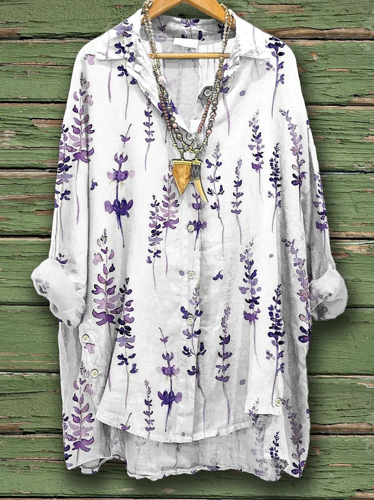 Women's Flower Print Casual Cotton And Linen Shirt
