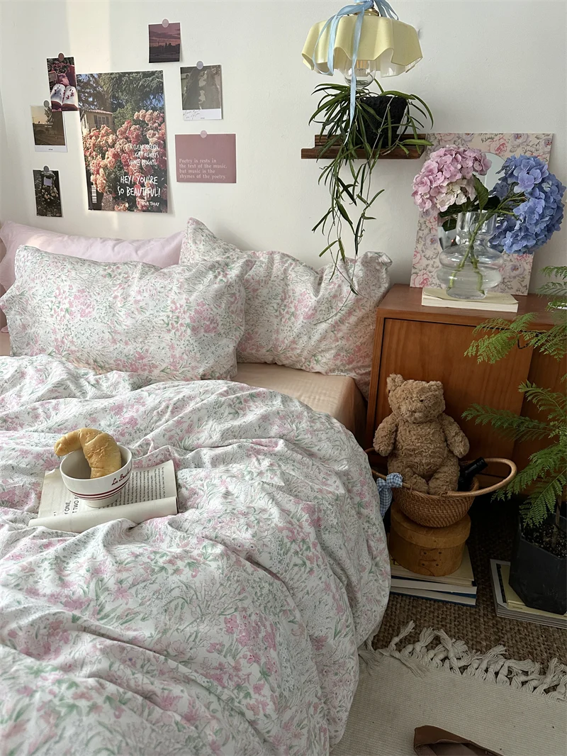 Aonga Cotton Bedding Set Vintage Ins Fitted Sheet Duvet Cover Pillowcase Full Queen Size Boy Girls Dormitory Hotel Bedclothes aonga