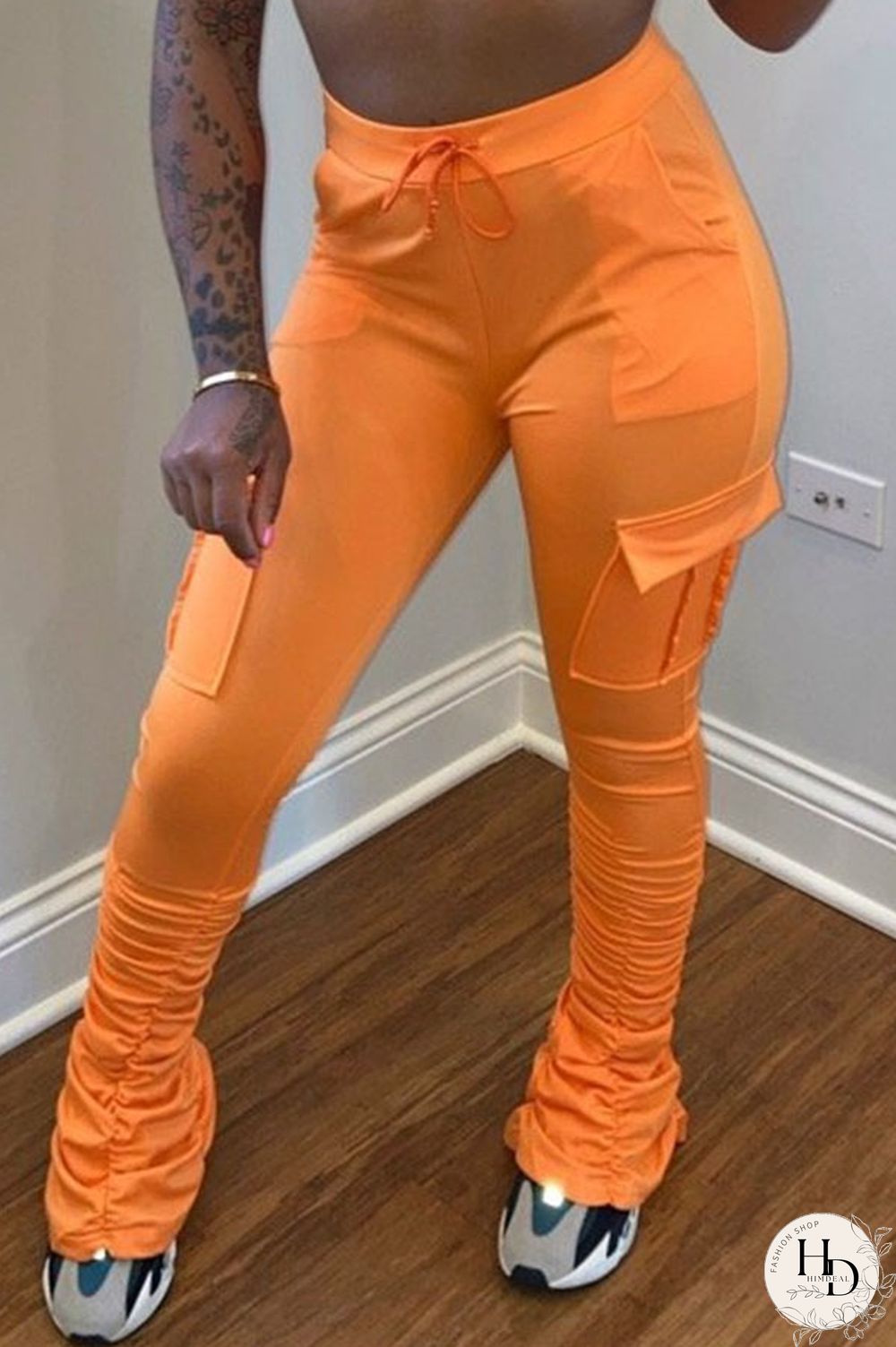 Yellow Drawstring High Solid Pocket Draped Boot Cut Pants Bottoms