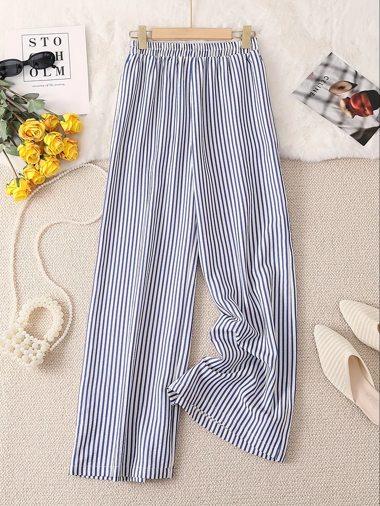 Women's Striped Wide-Leg Pants With An Elastic Waistband And Pockets - Loose Casual Long Pants For Spring And Summer, Machine Washable In Black And White Stripes, Elegant And Comfortable Casual Wear, Stylish And Cozy | Patterned Casual Clothing |