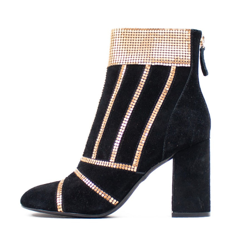 Black Vegan Suede Fashion Gold Studded Block Heel Ankle Boots Nicepairs
