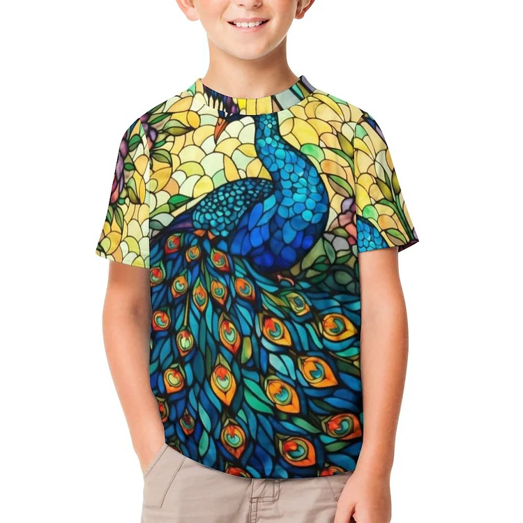 Peacock Flowers Stained Glass Boys Girls Summer Tshirt 3D Print Youth T-Shirt Kids O Neck Tee Tops - Heather Prints Shirts