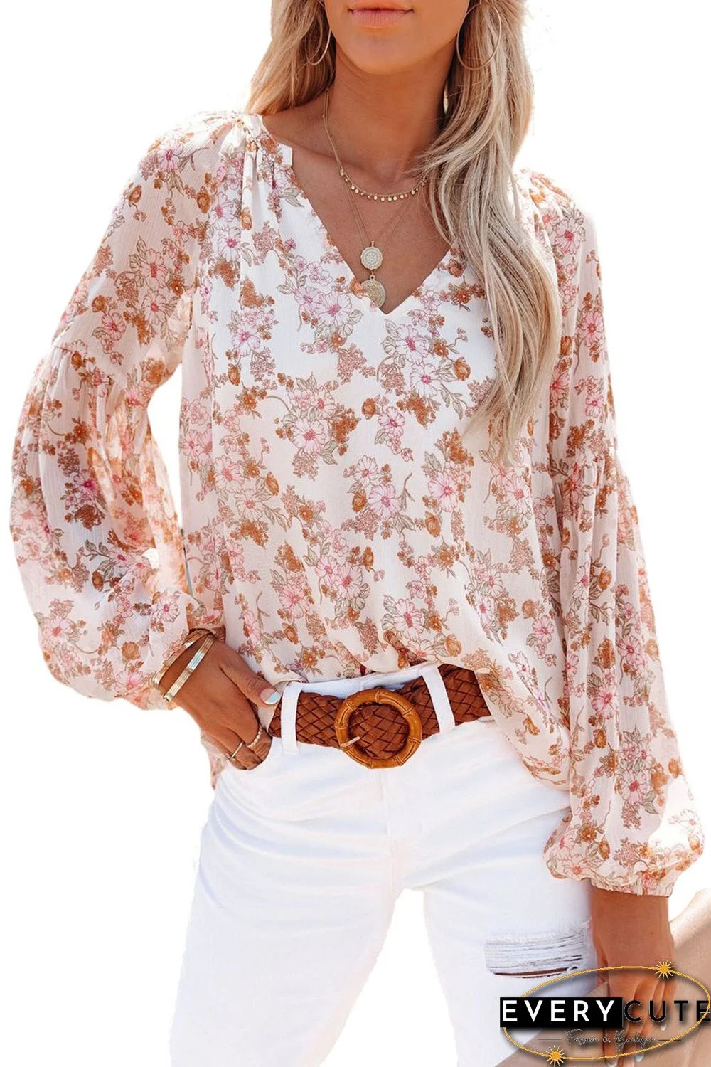 White Floral Print V Neck Long Puff Sleeve Top