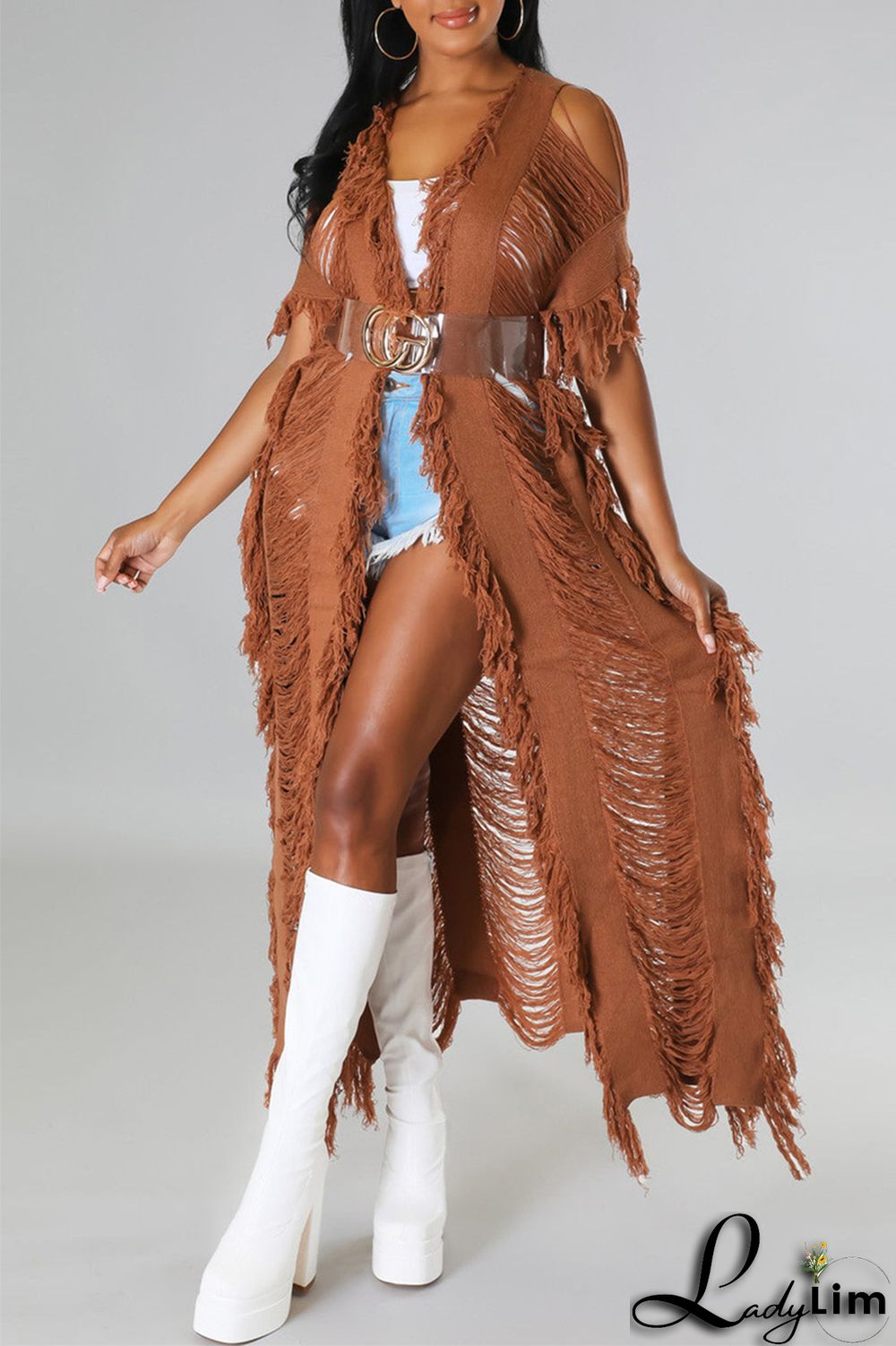 Black Fashion Casual Solid Tassel Patchwork Cardigan Outerwear