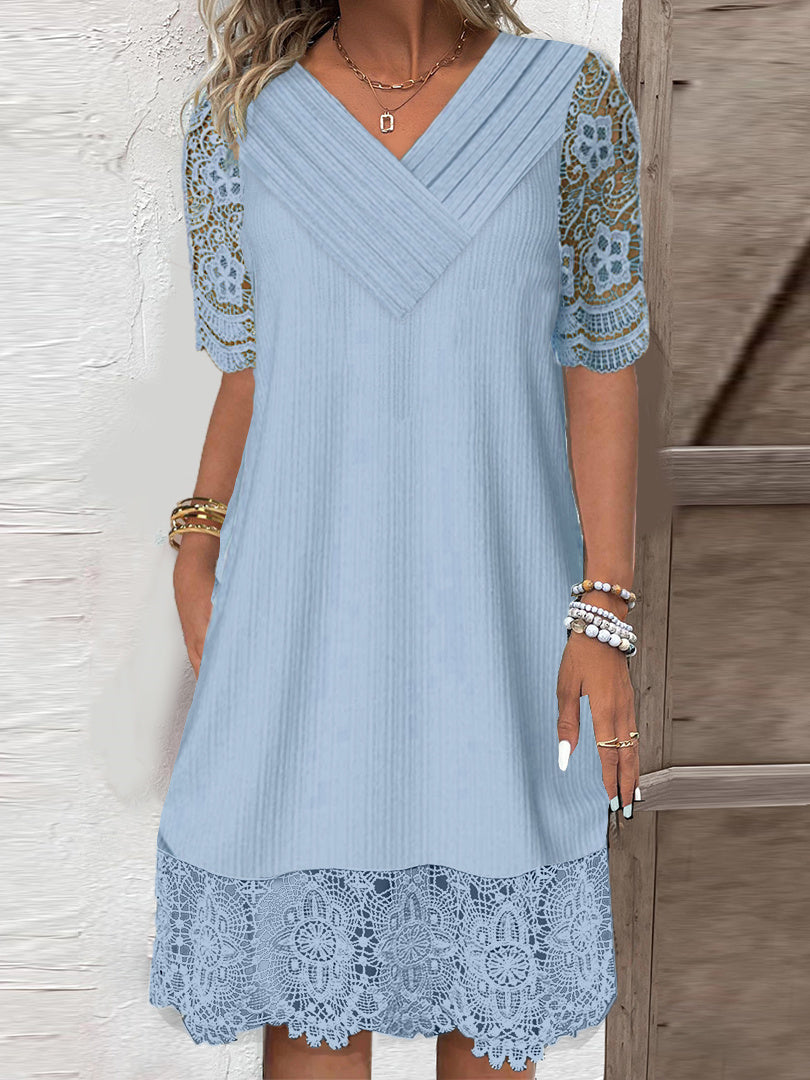 Women Half Sleeve V-neck Solid Color Dress