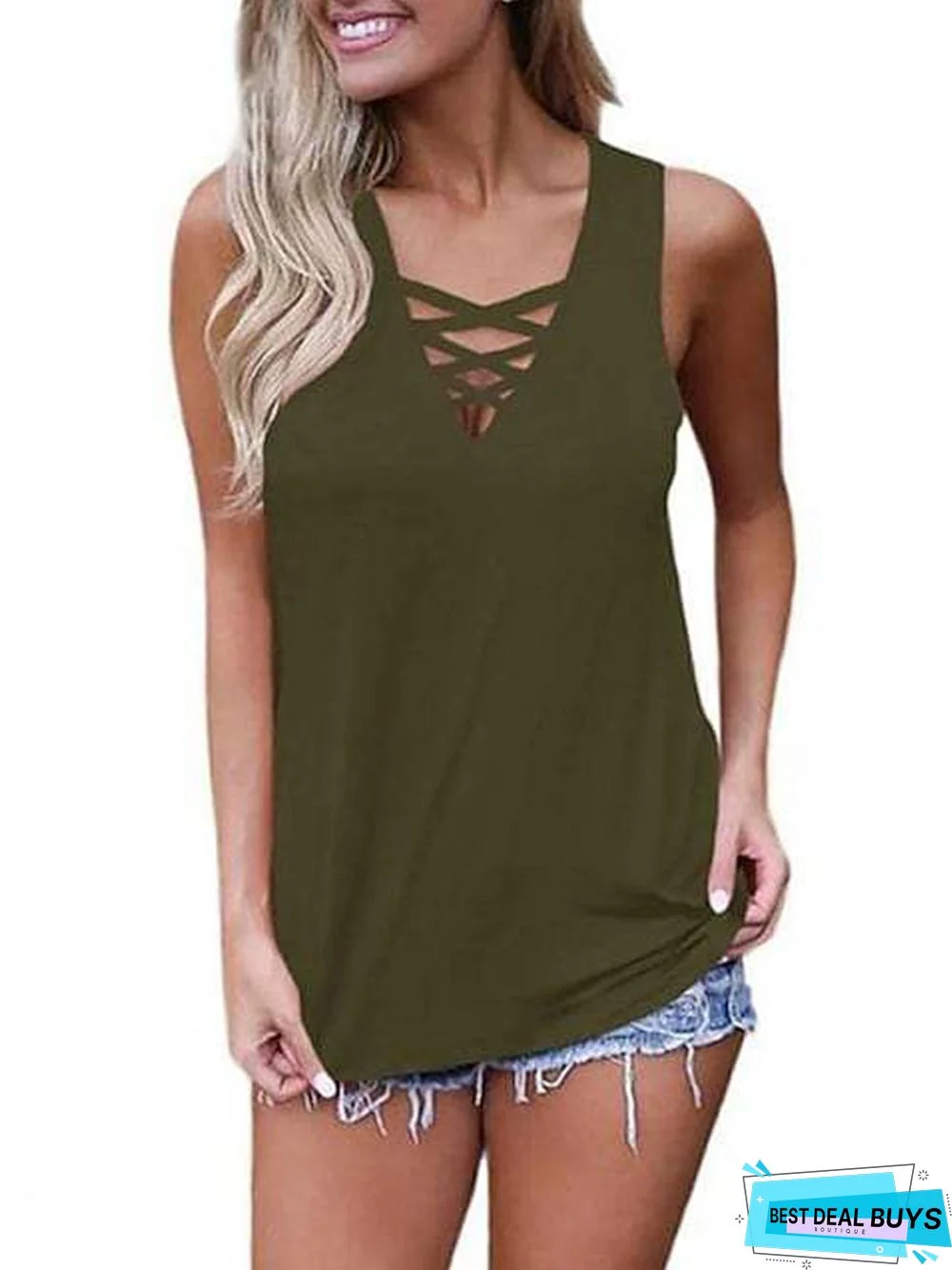 Women's Summer Tank Tops Criss Cross Casual Solid Sleeveless Lace Up Blouse (X-Large, Black)
