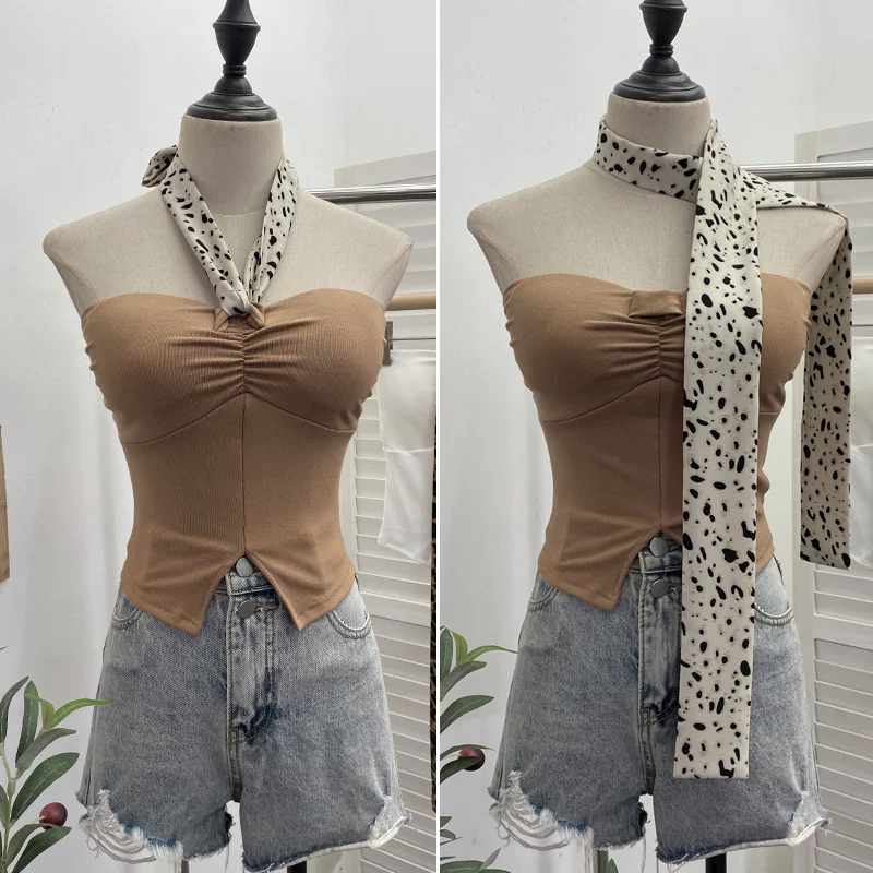 Nigikala Nigikala Shot Leopard-Print Silk Scarf Hanging Neck Design Folded Bra Strap Chest Pad Vest Short Sleeveless Top Lady 9206