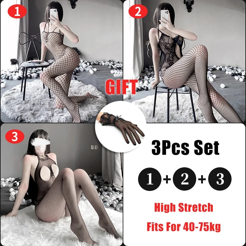 OJBK 3Pcs Sexy Lingerie Set Open Crotch Stretch Mesh Body Stockings 15 Style Teddies Bodysuit Erotic Outfit Plus Size Underwear