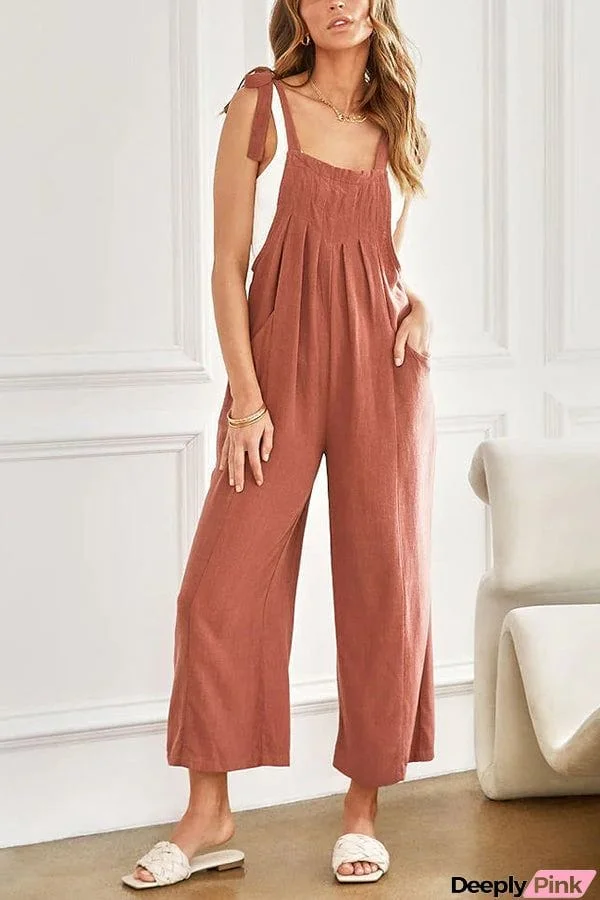 Bonita Linen Blend Pocketed Shoulder Tie Pleated Wide Leg Overalls