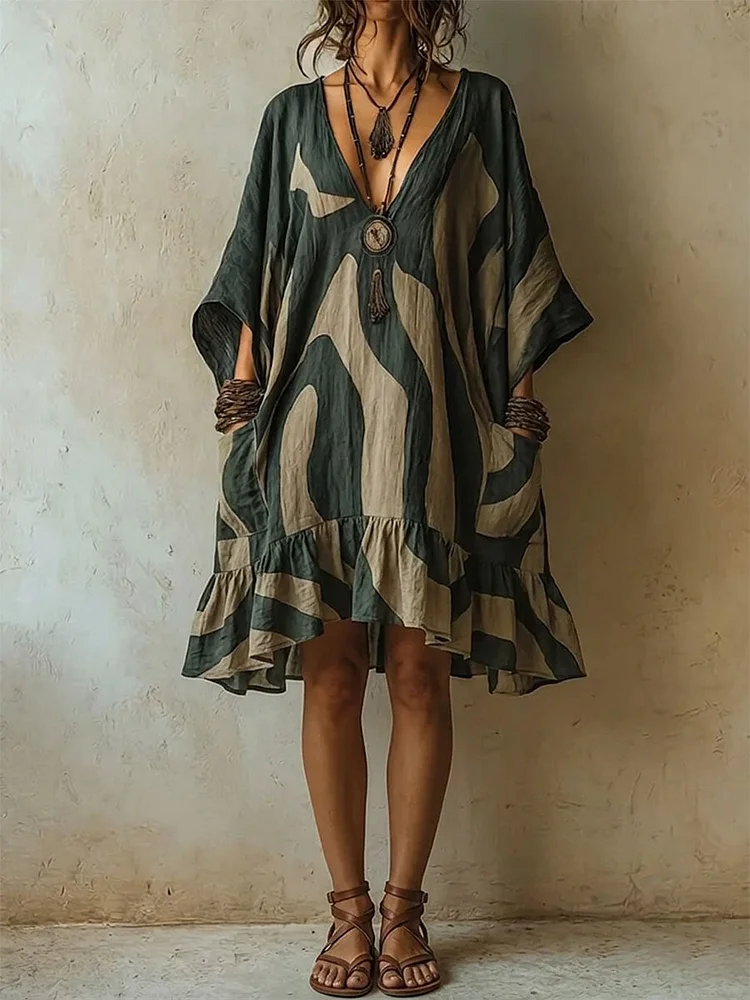 Women's Geometric Print Casual Ruffled Pocket Dress