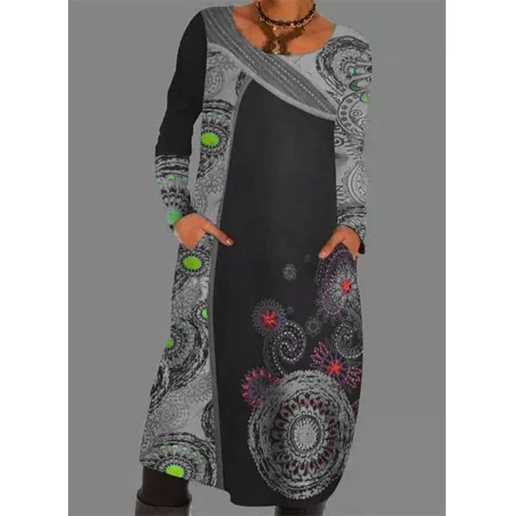 Uveng Polyester Fiber Women's Print Dress Long Pullover