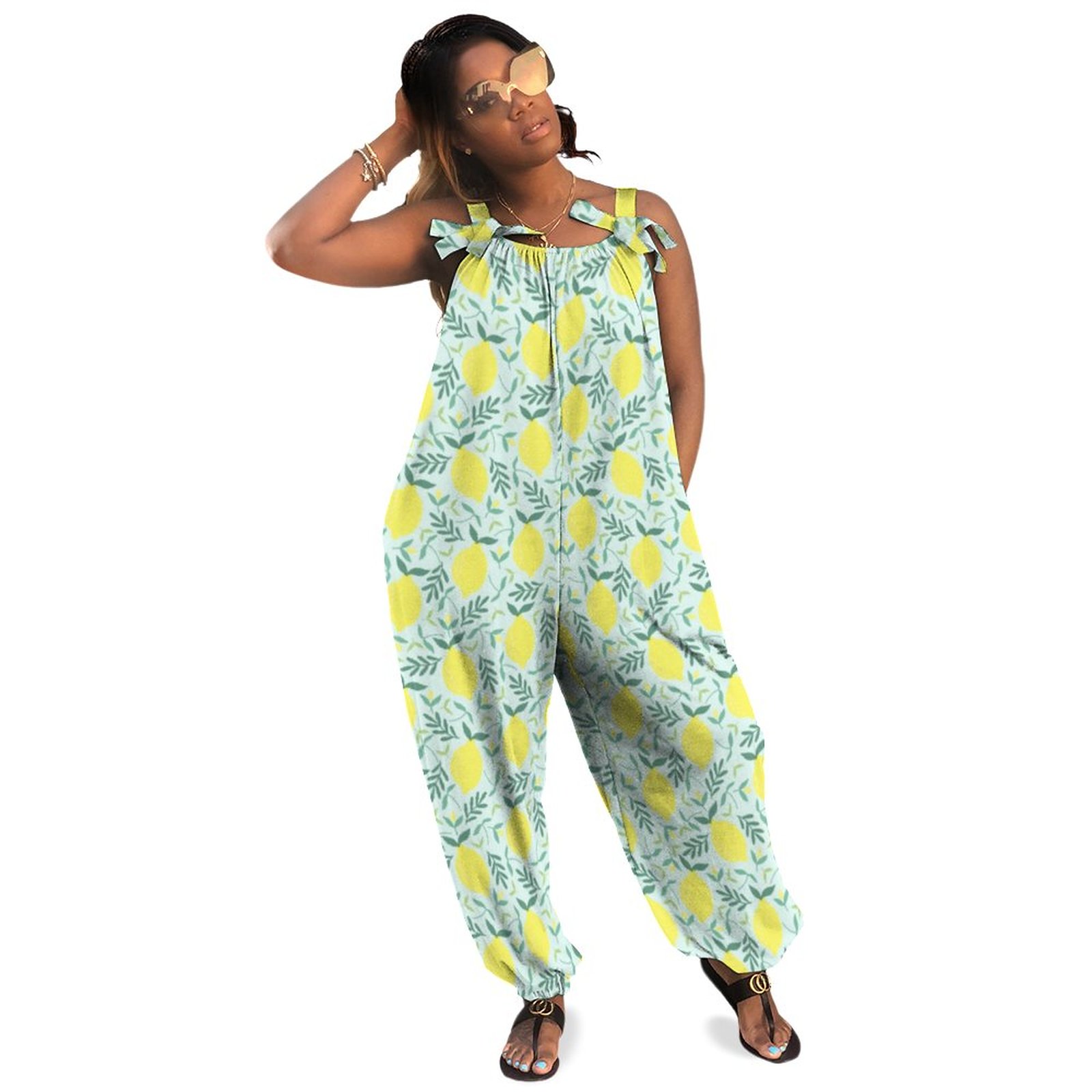 Lemon Fresh Botanical Pattern Women Plus Size Jumpsuit Summer Loose Harem Pants Dressy Rompers And Jumpsuits Wedding Guest Casual Style Pockets Polyester Spandex