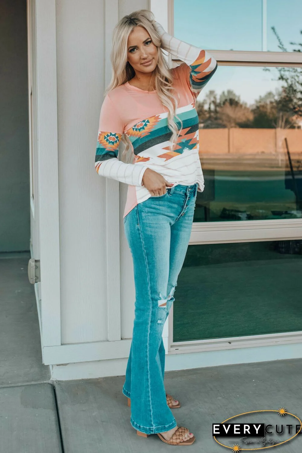 Pink Aztec Stripe Color Block Slim Fit Long Sleeve Top