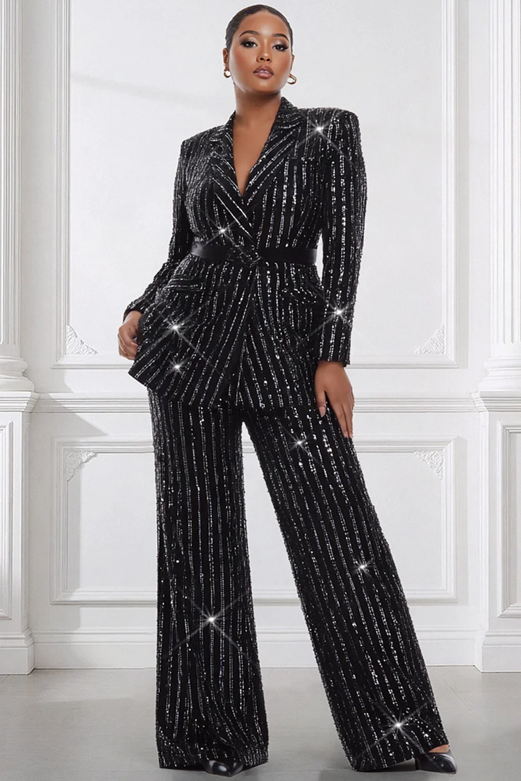 Xpluswear Design Plus Size Formal Black Striped Lapel Collar Long Sleeve Wide Leg Pocket Metallic Knit Two Piece Pant Suits 2024 - Xpluswear