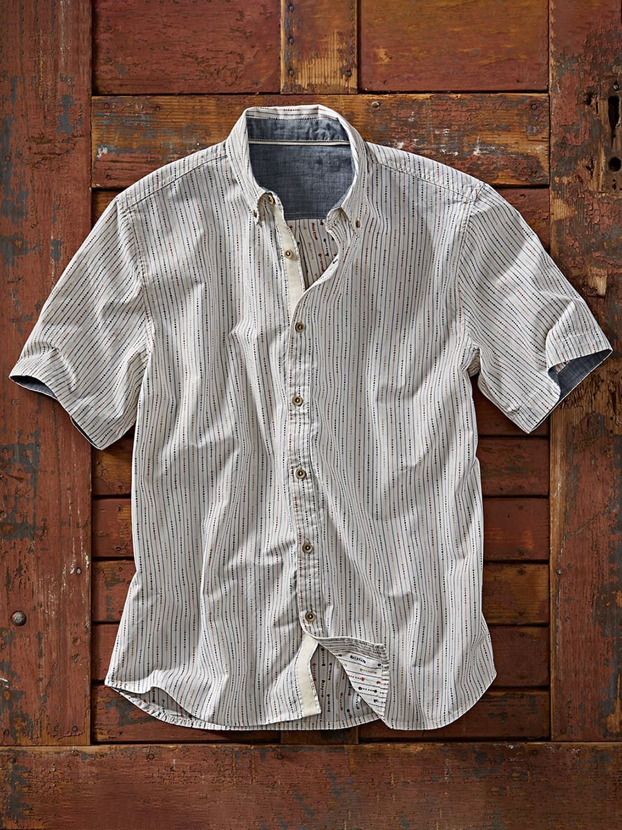 Men White Striped Printed Short Sleeve Cotton and Linen Shirt