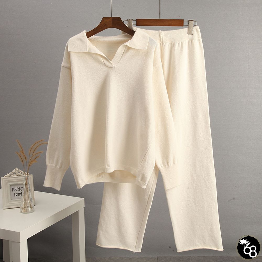Fashionable lapel knitted top + wide-leg pants two-piece set | 168DEAL
