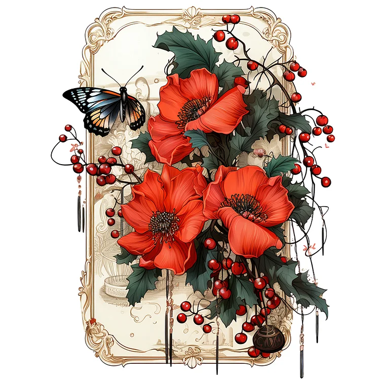 Retro Red Flower Butterfly 30*40CM (Canvas) Full Round Drill Diamond Painting gbfke