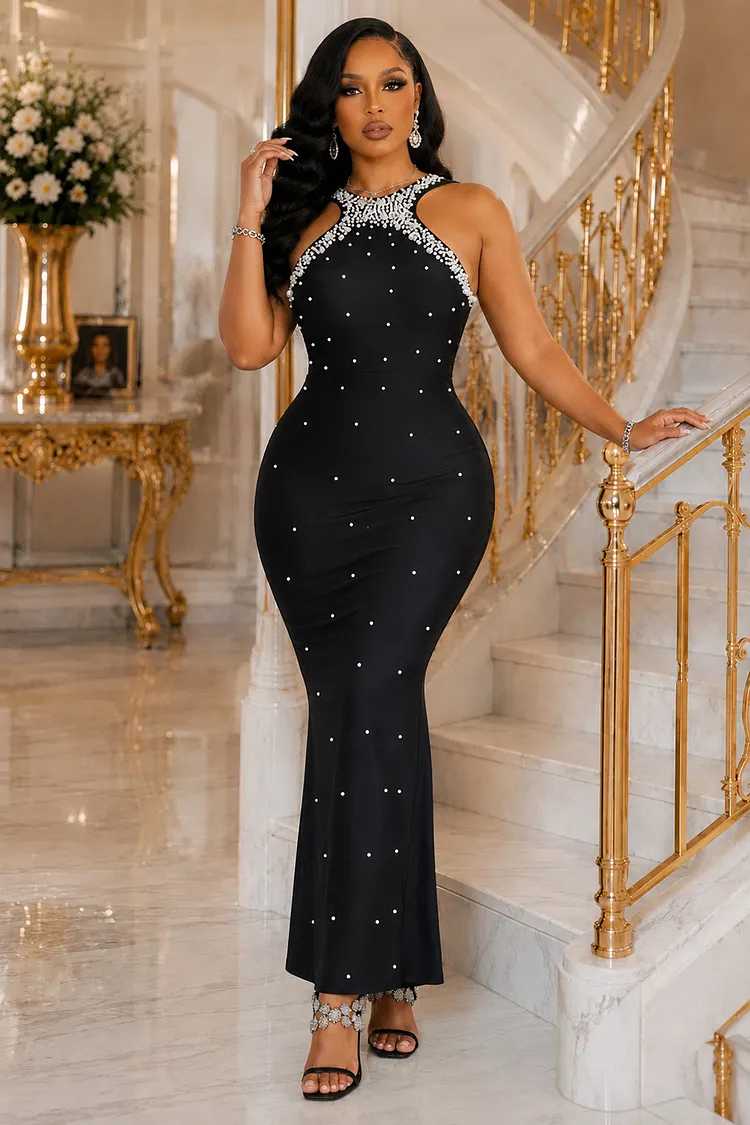 bodycon fishtail maxi dress Pearl Beaded Round Neck Sleeveless Gowns Dresses-Black ONE-HONEY-BESTSELLER length fishtail skirt guarantees Shoe Size:16 Dark Mauve Bridesmaid Dress