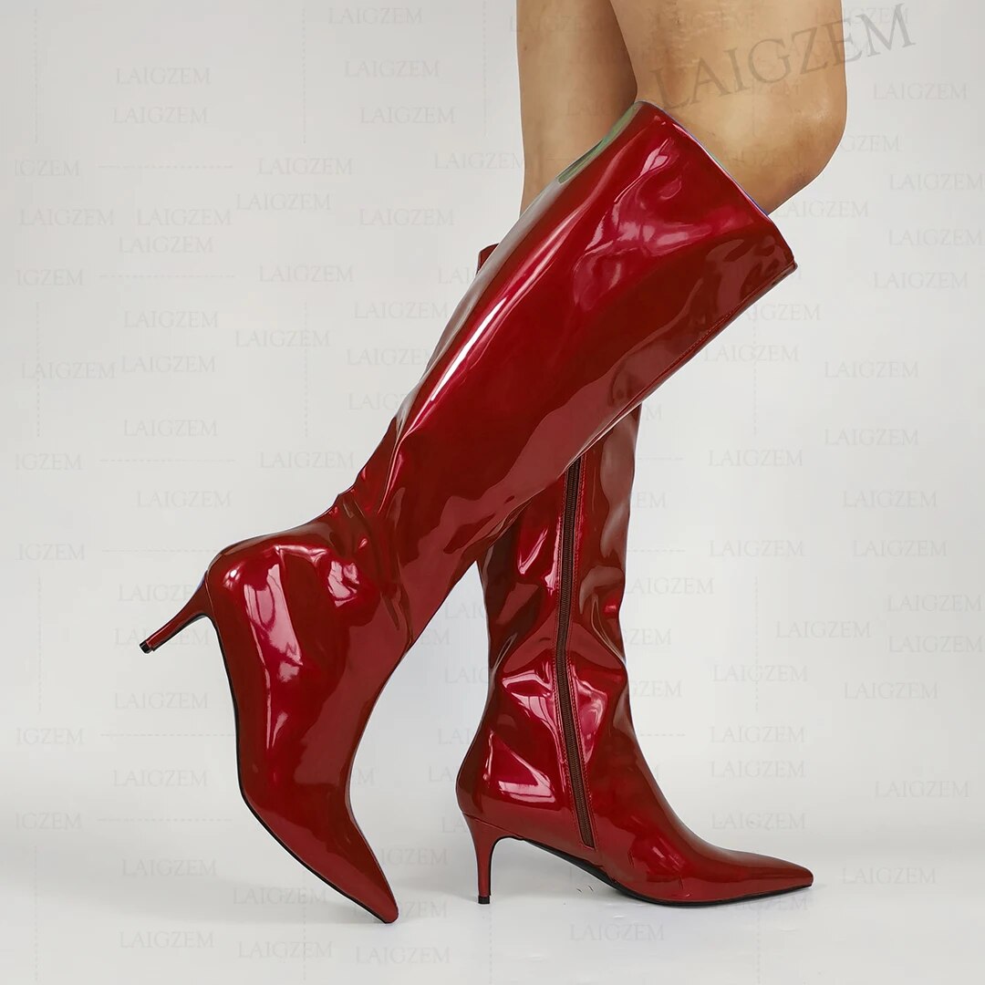 VCSHOES Women Knee High Boots Shiny Pointed Toe Full Zip Up 7.5CM Thin Heels Tall Boots Ladies Shoes Woman Big Size 42 54 47