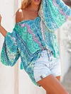 Floral Print V-Neck Long Sleeve Loose Casual T-Shirt Top